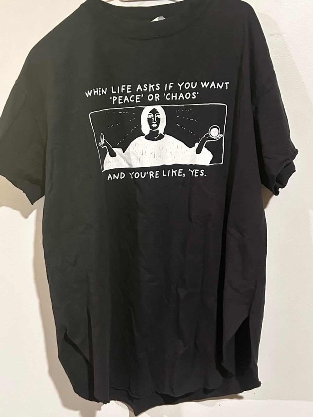 Pebby Forevee | Black Tee with White 'Peace or Chaos' Illustration - Picture 4 of 6